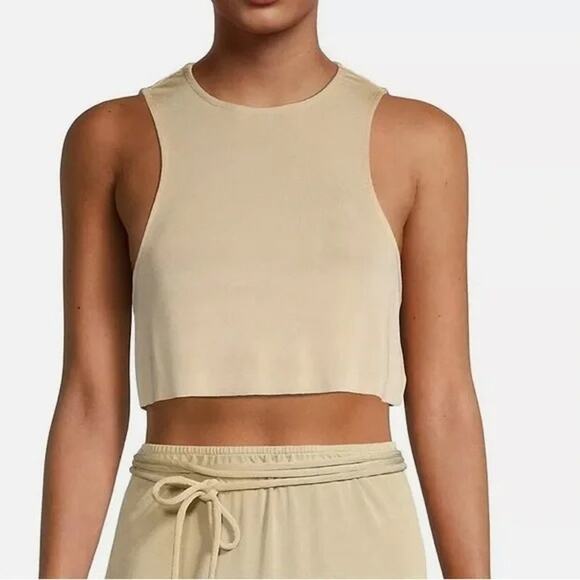 NWT WeWoreWhat Sleeveless Cropped Scoop Tank Top Cotton Racerback XXS Beige - Picture 1 of 15